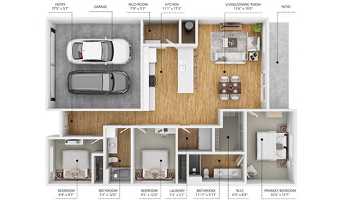 Floor plan for 3 beds, 2 baths, 1334 sqft